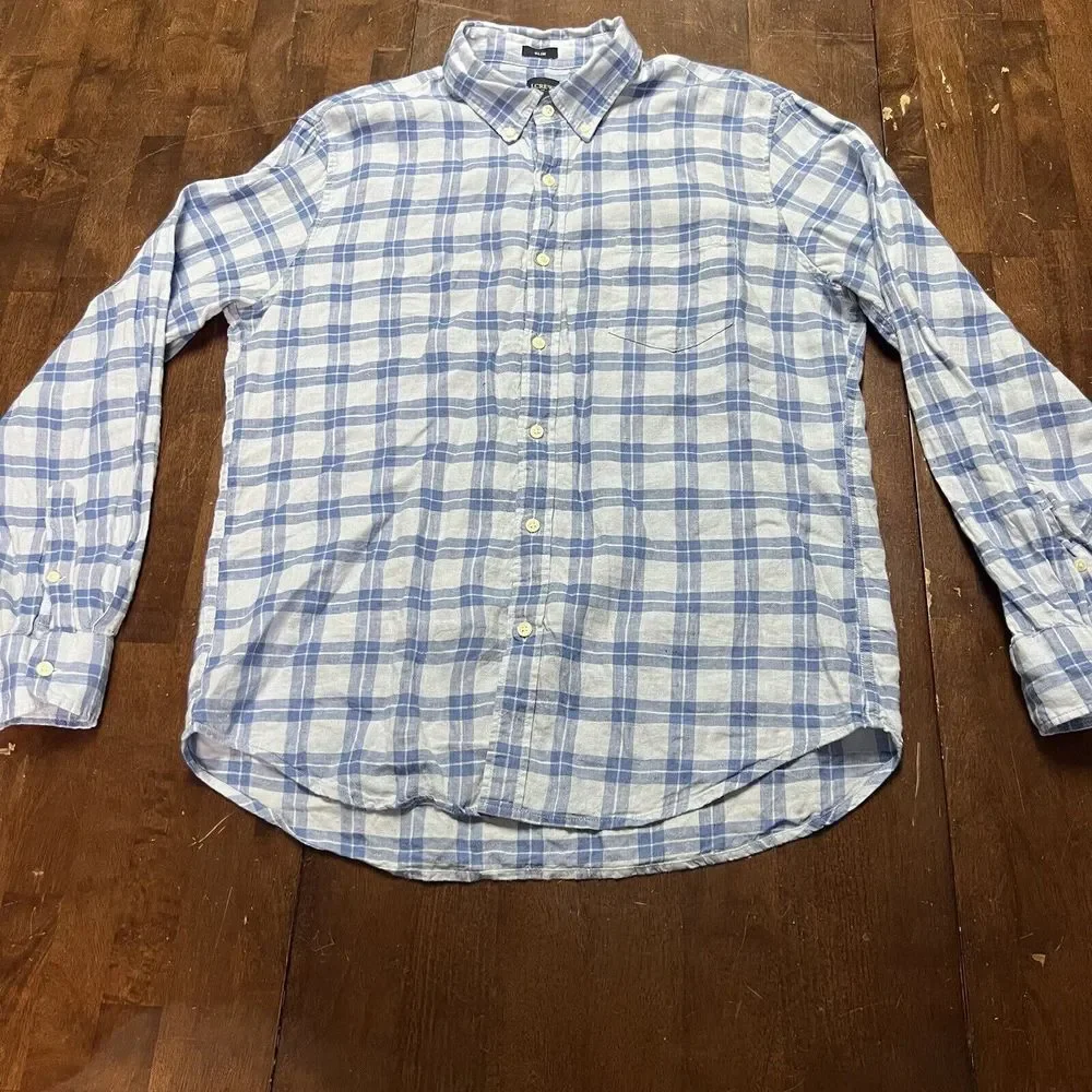 J‎ Crew Shirt Mens Large Blue Plaid Button Up Linen Casual Slim Lightweight